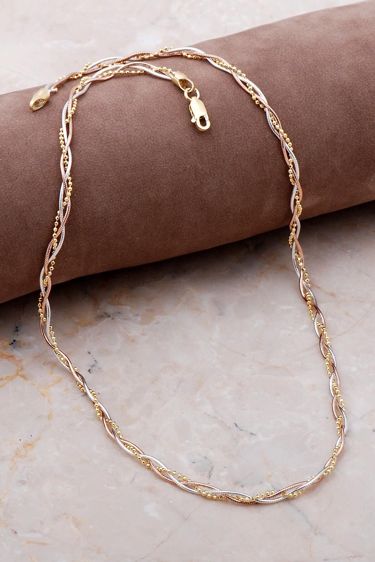 İtalyan Örgü Altın Yaldızlı Rose Gümüş Kolye 7182