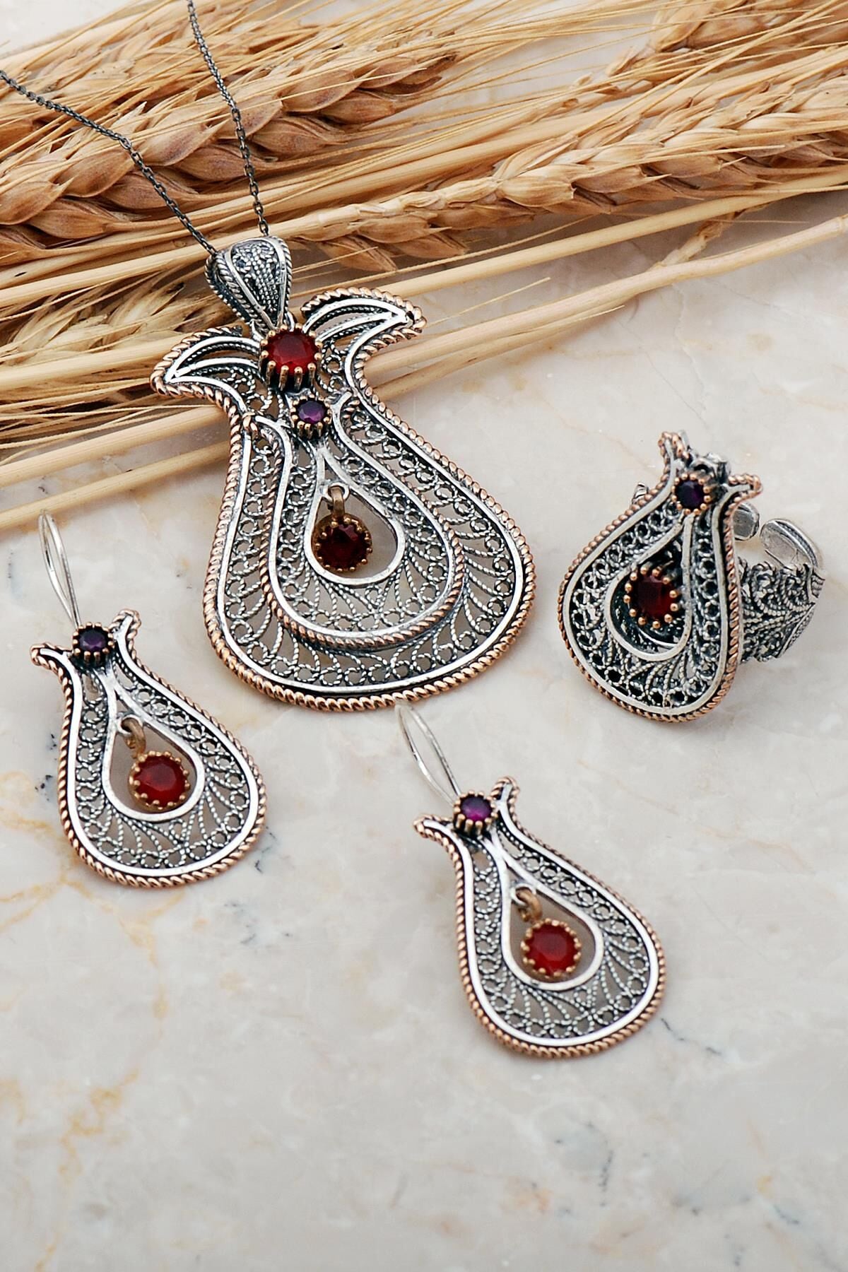 Laleli Telkari Elişi Gümüş Set 2401