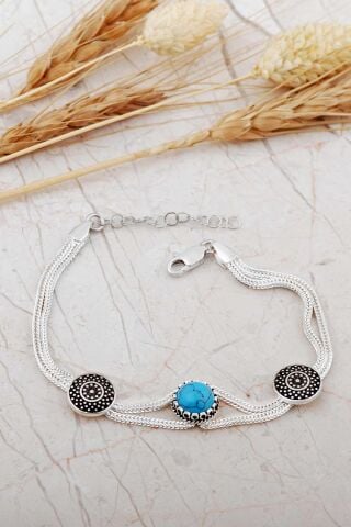 Mardin Güneşi Hasır Elişi Firuze Taşlı 925 Ayar Gümüş Bileklik 4793