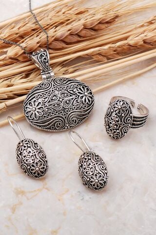 Asur Motifli Telkari Elişi Gümüş Set 2403