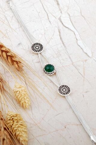 Midyat Hasırı Yeşil Akik Taşlı Anadolu Motifli Gümüş Bileklik 4794