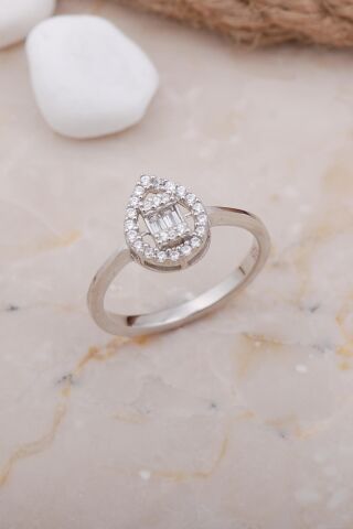 Baget Damla Rodyumlu Gümüş Yüzük 3650