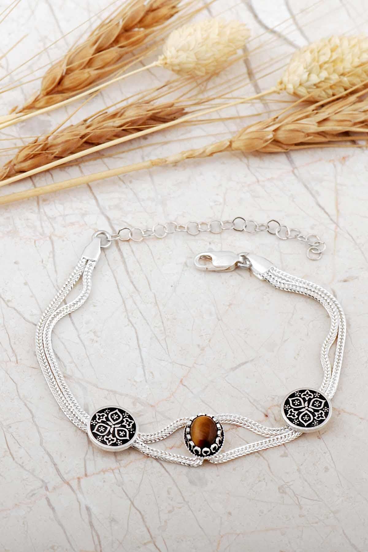 Midyat Hasırı Kaplan Gözü Taşlı Anadolu Motifli Gümüş Bileklik 4796