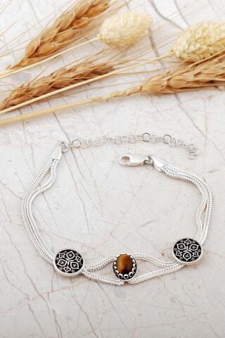 Midyat Hasırı Kaplan Gözü Taşlı Anadolu Motifli Gümüş Bileklik 4796