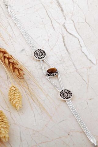 Midyat Hasırı Kaplan Gözü Taşlı Anadolu Motifli Gümüş Bileklik 4796