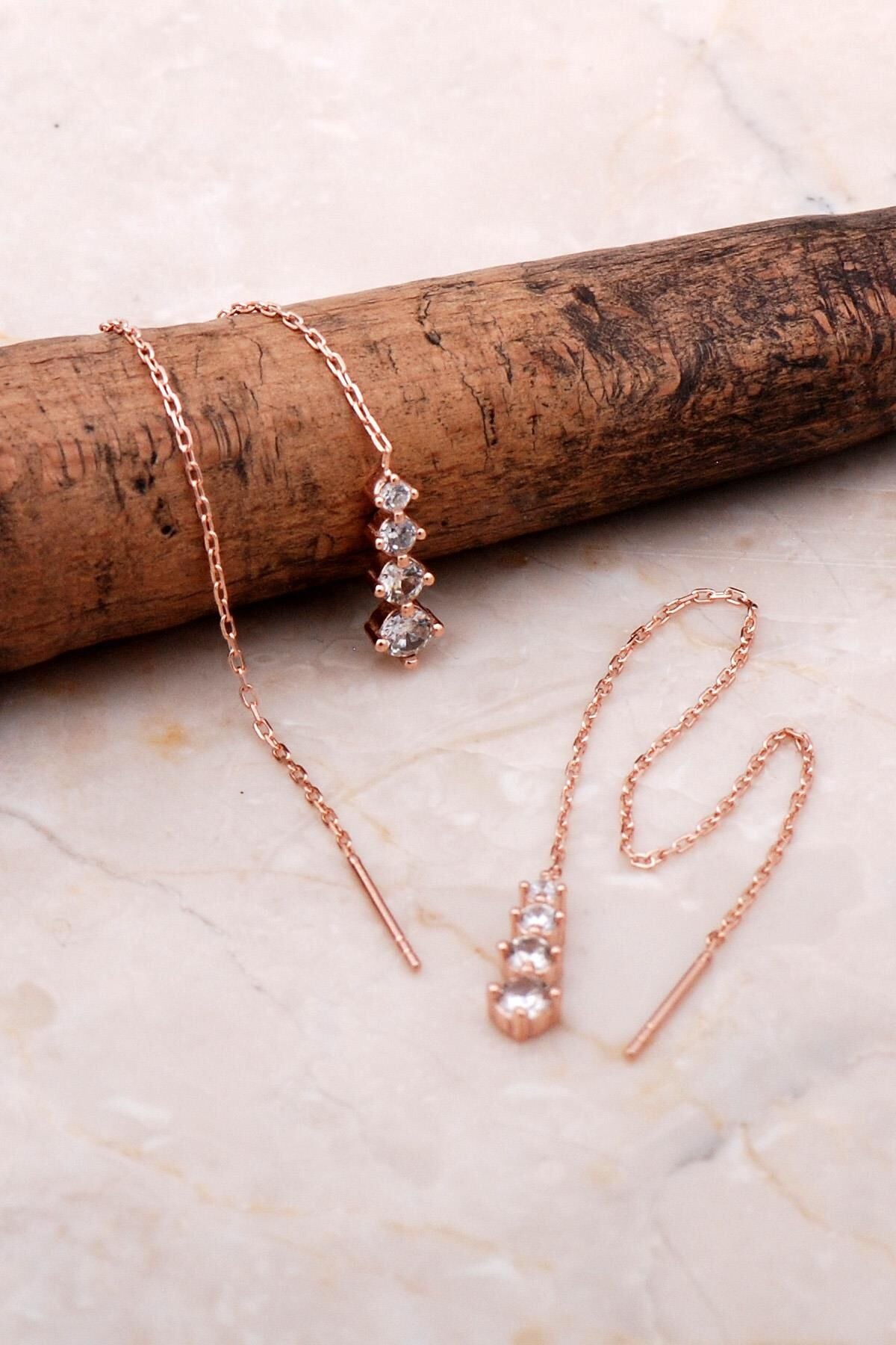 Rose Gümüş Sıra Taşlı Zincir Küpe 5083