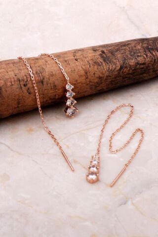 Rose Gümüş Sıra Taşlı Zincir Küpe 5083