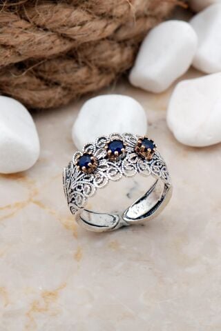 Safir Taşlı Telkari Elişi Gümüş Yüzük 20