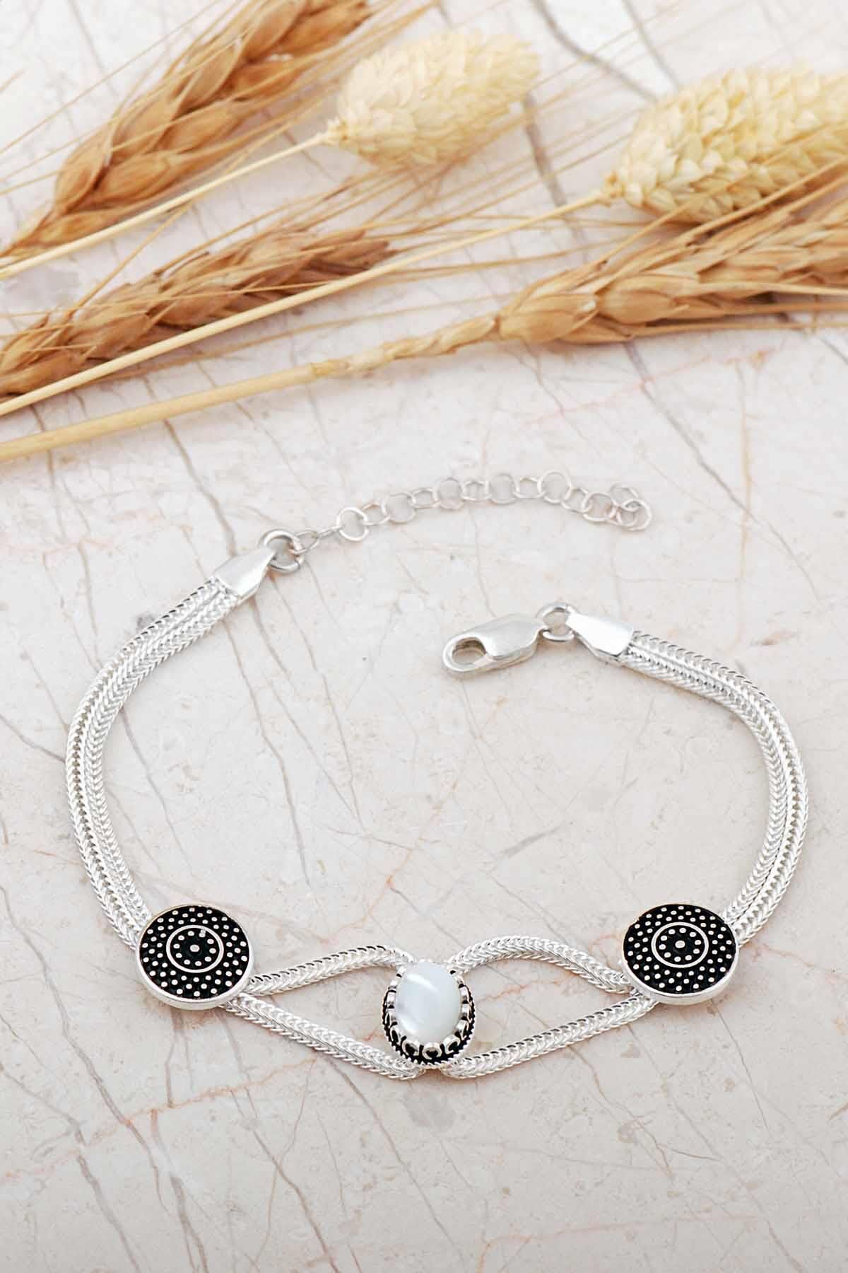 Mardin Güneşi Hasır Elişi Sedef Taşlı 925 Ayar Gümüş Bileklik 4797