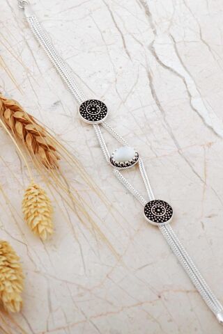 Mardin Güneşi Hasır Elişi Sedef Taşlı 925 Ayar Gümüş Bileklik 4797