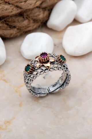 Çiçekli Telkari Elişi Gümüş Yüzük 16