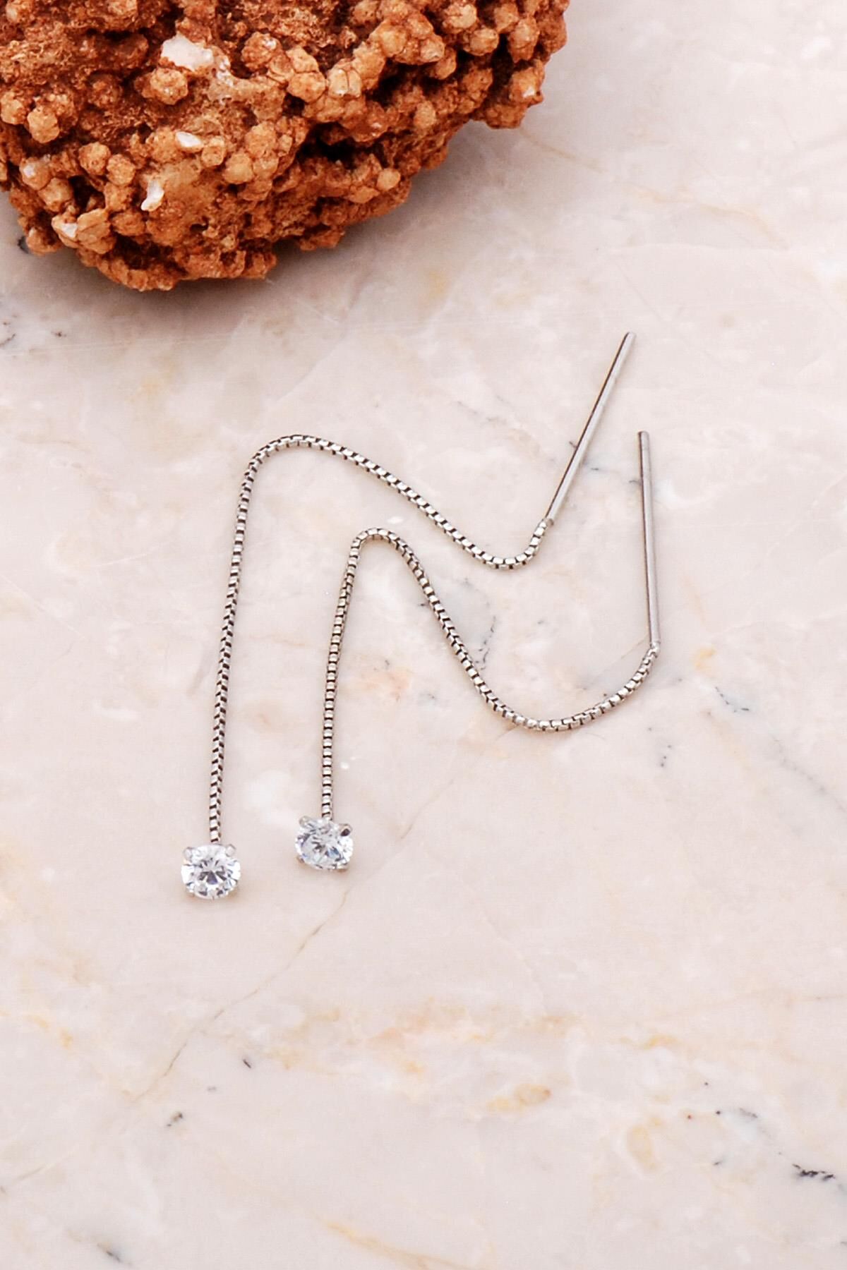 4 mm Tek Taş Gümüş Zincir Küpe 5293