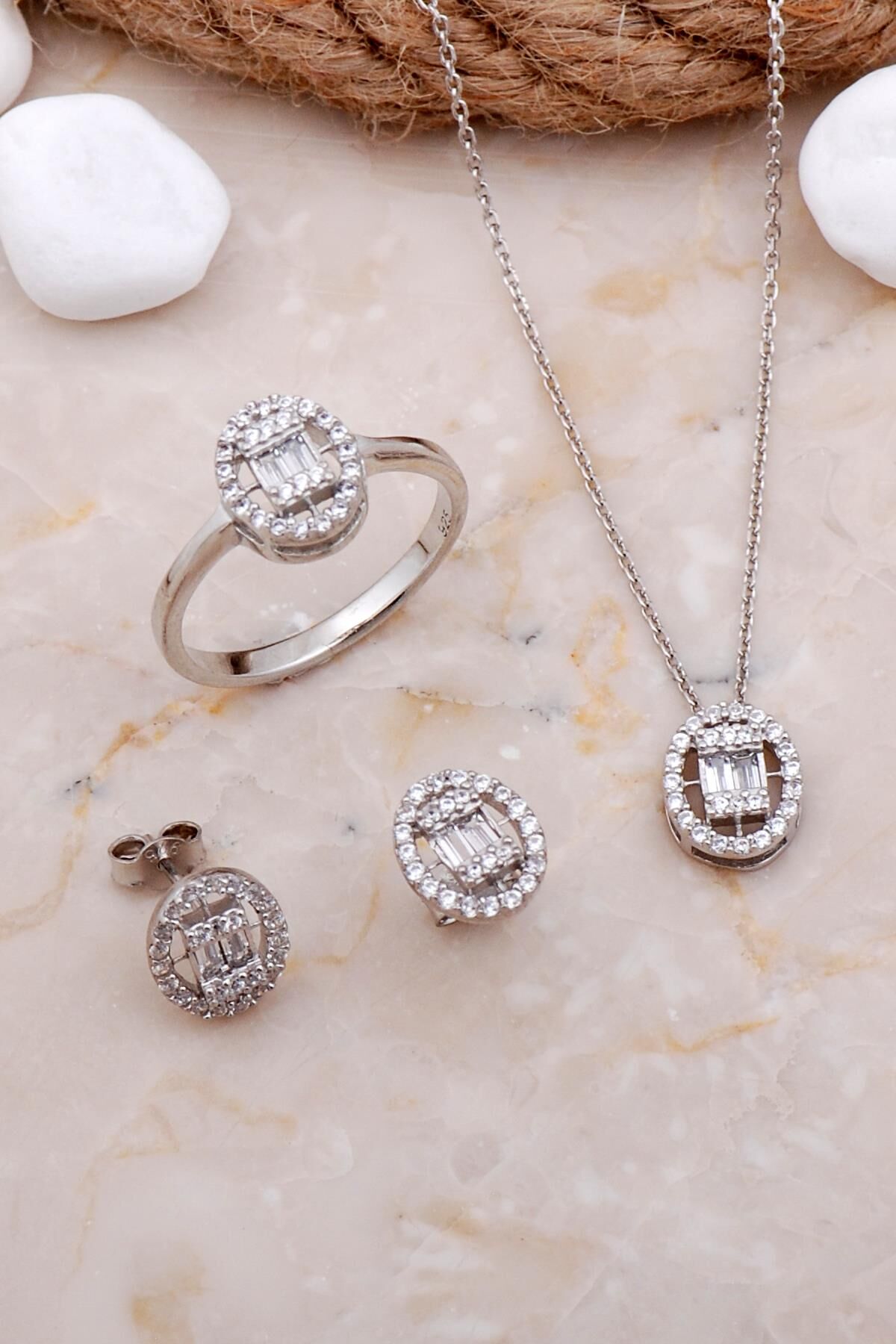 Baget Oval Rodyumlu Gümüş Set 2583