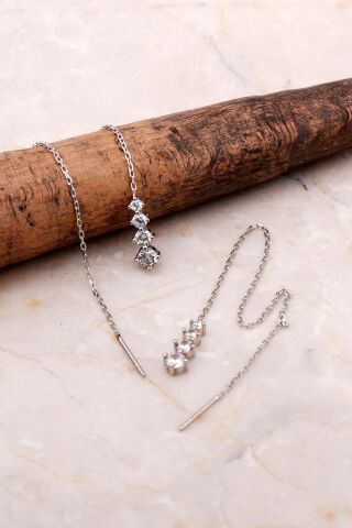 Sıra Taşlı Gümüş Zincir Küpe 5085