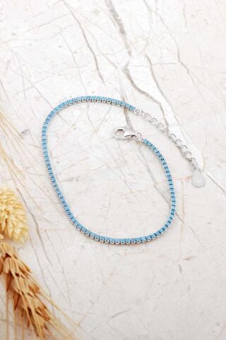 Turkuaz Taşlı Su Yolu İnce Rodyumlu Gümüş Bileklik 4800