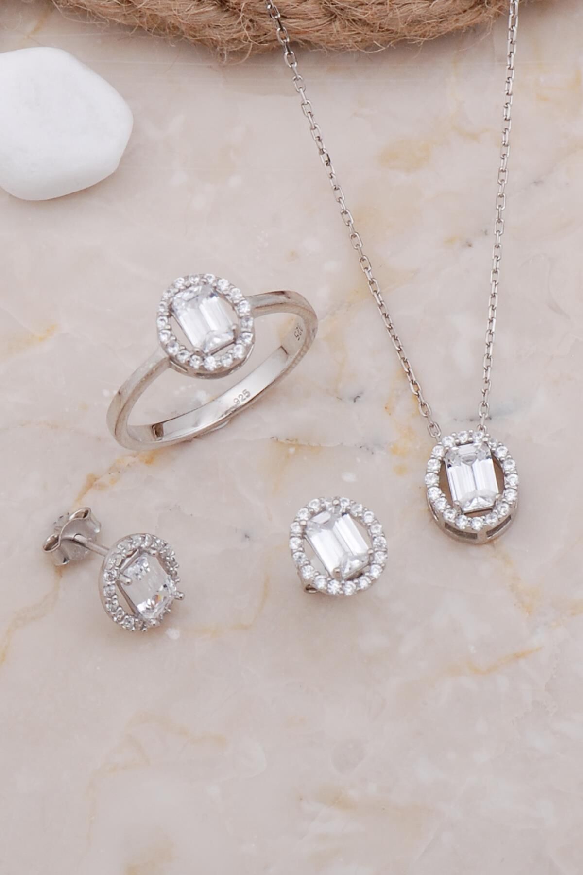 Baget Oval Rodyumlu Gümüş Set 2584