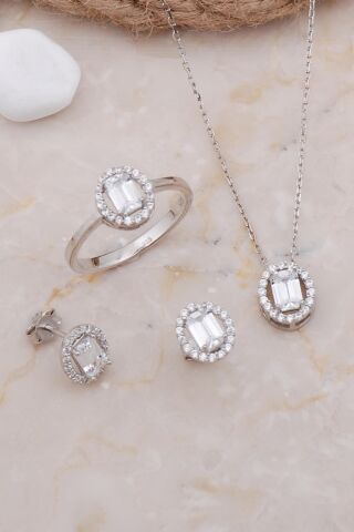 Baget Oval Rodyumlu Gümüş Set 2584