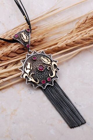 Lale Yakut Taşlı Telkari Elişi Püsküllü Gümüş Kolye 7399