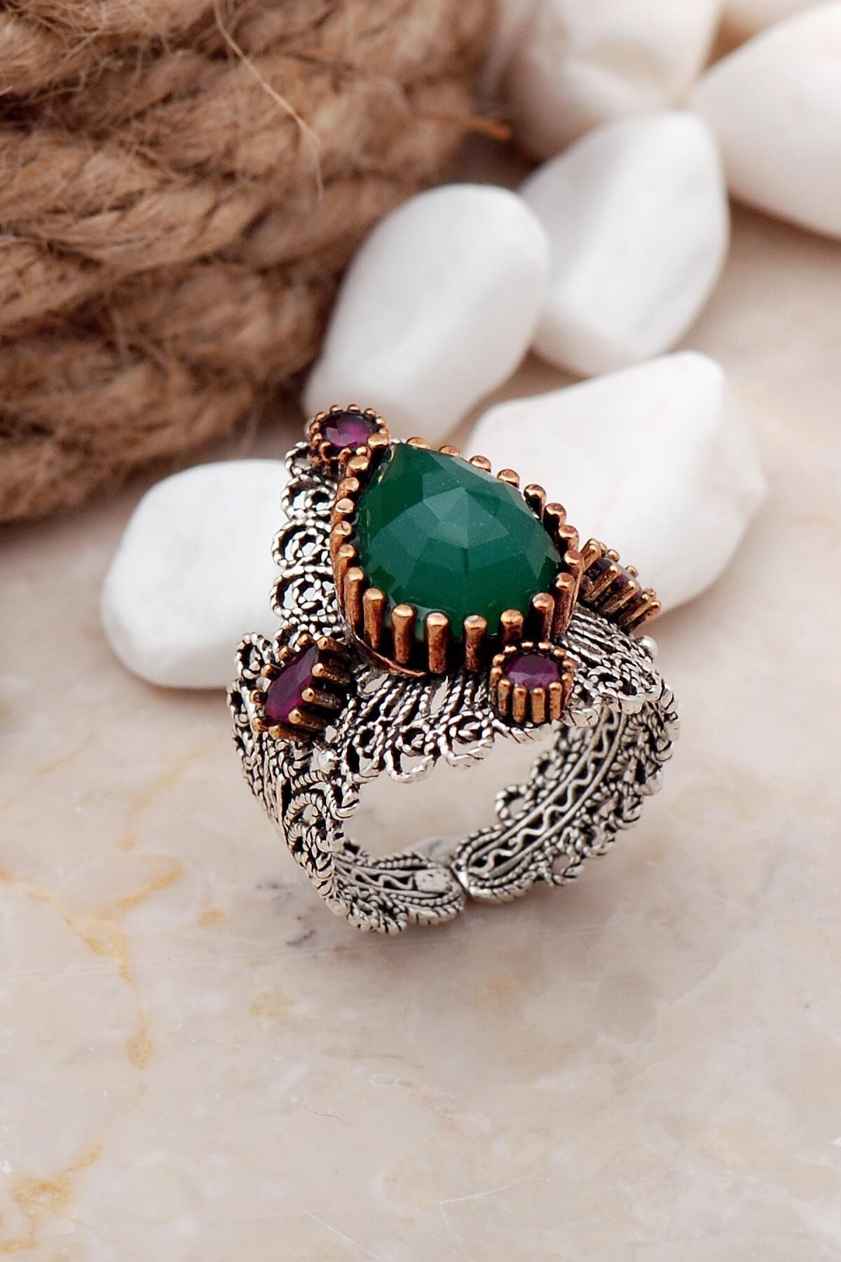 Zümrüt Taşlı Damla Telkari Elişi Gümüş Yüzük 27