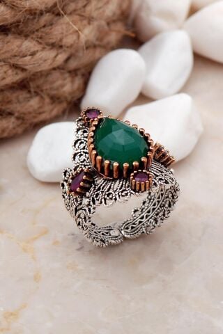 Zümrüt Taşlı Damla Telkari Elişi Gümüş Yüzük 27