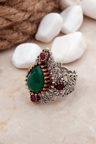 Zümrüt Taşlı Damla Telkari Elişi Gümüş Yüzük 27