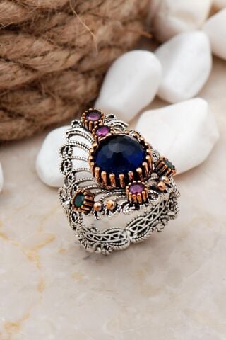 Safir Taşlı Telkari Elişi Gümüş Yüzük 28