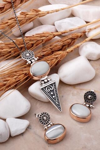 Sedef Taşlı Antik Tasarım Gümüş Set 2492