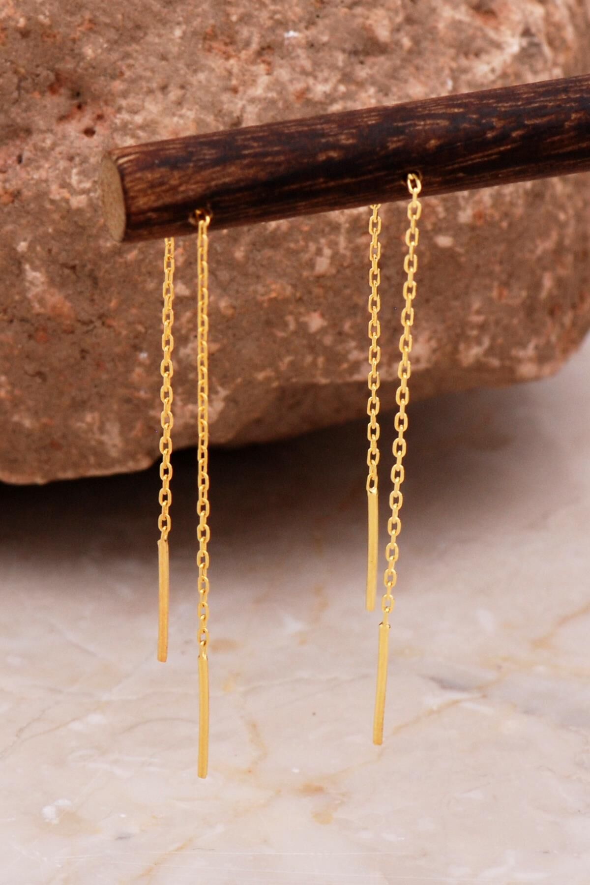 Altın Kaplama Çubuk Zincir Küpe 6090