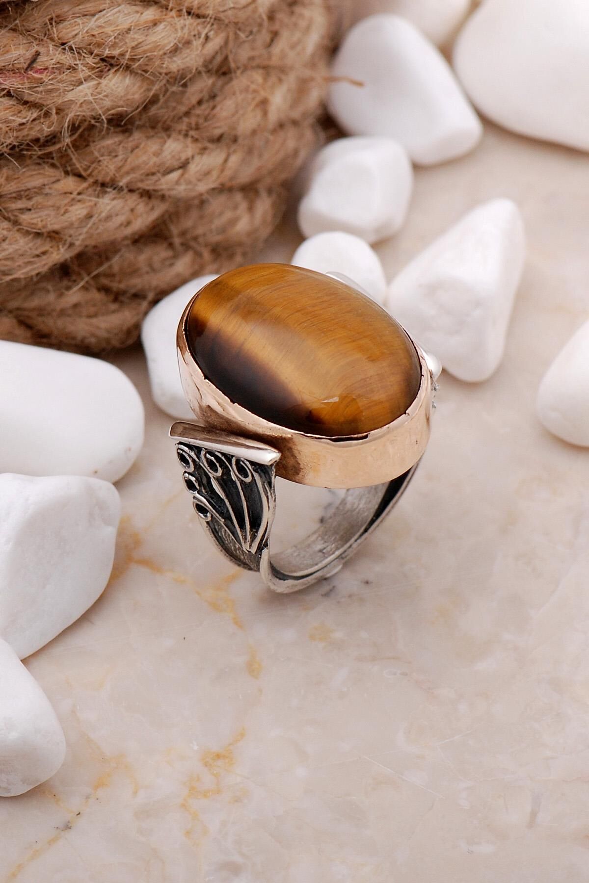 Kaplan Gözü Taşlı Elişi Gümüş Yüzük 39