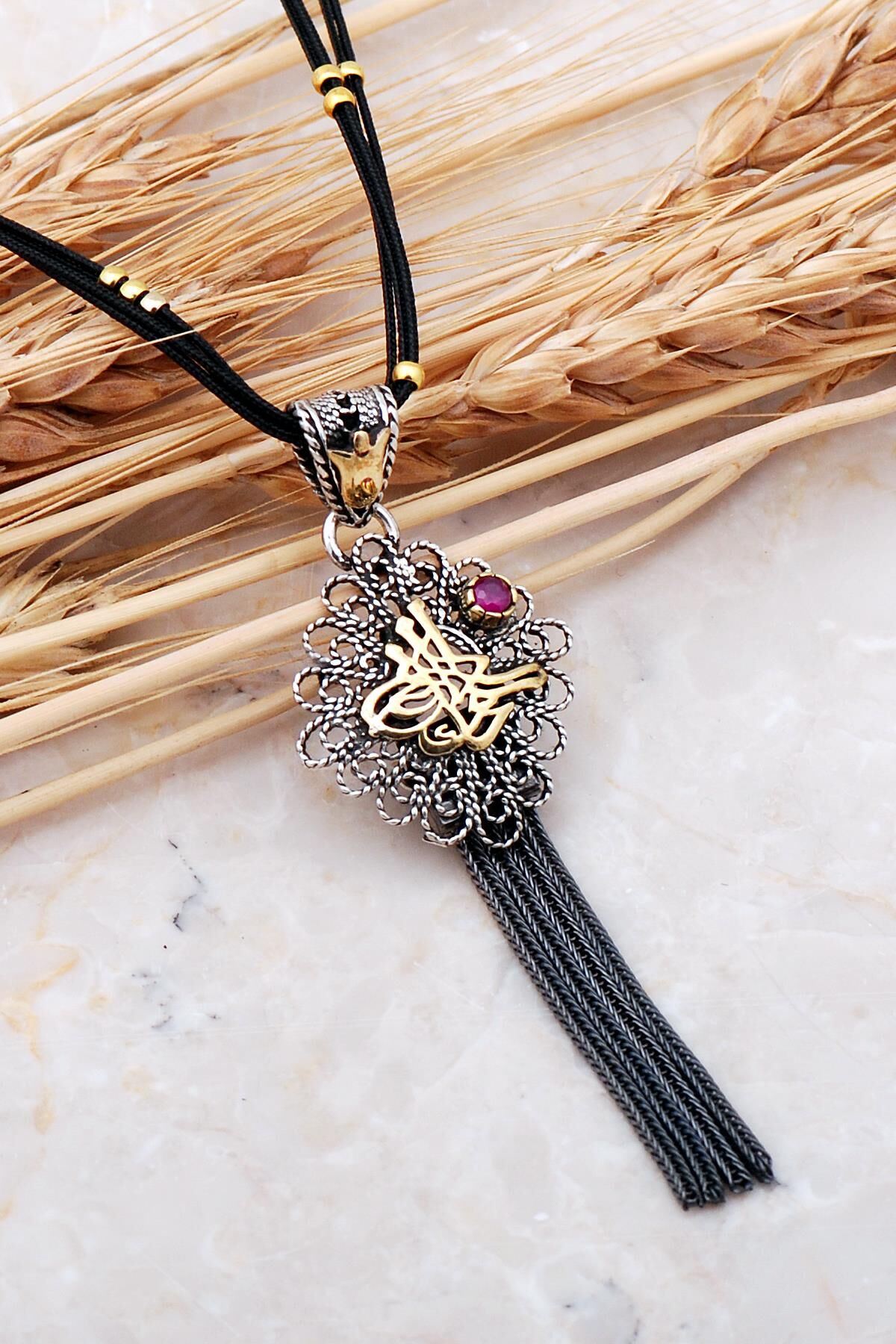 Osmanlı Tuğralı Telkari Elişi Püsküllü Gümüş Kolye 7401