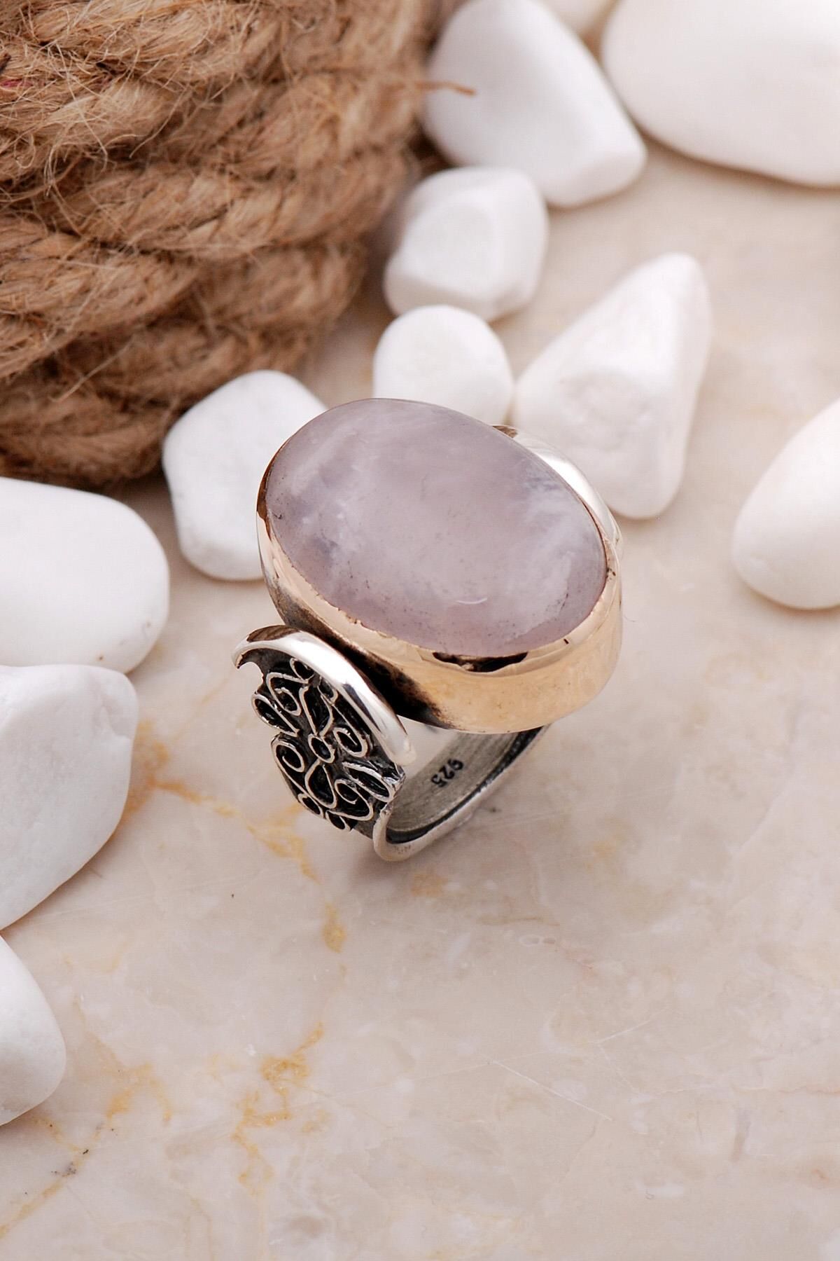 Pembe Kuvars Taşlı Elişi Gümüş Yüzük 40