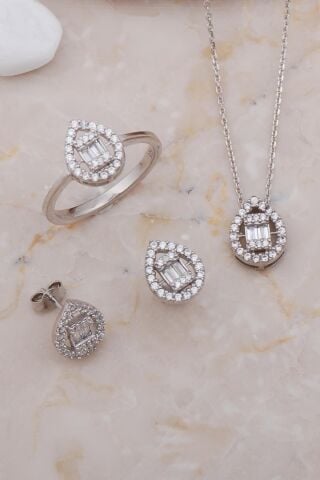 Baget Damla Rodyumlu Gümüş Set 2588