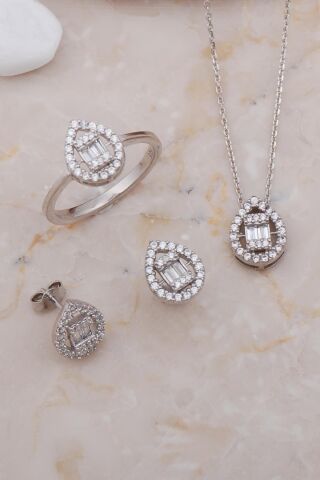 Baget Damla Rodyumlu Gümüş Set 2588