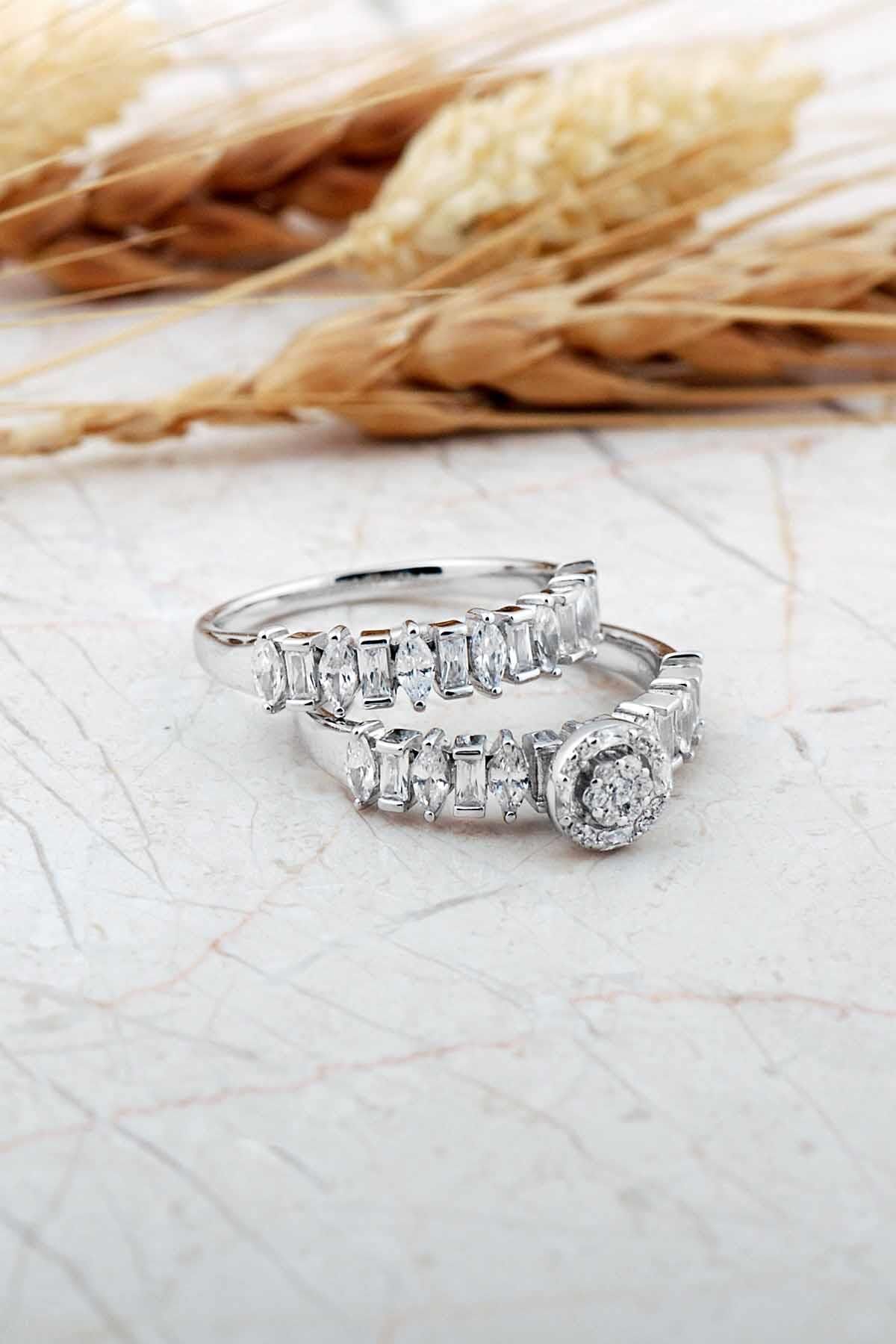 Rodyumlu Gümüş Tektaş Ve Alyans Yüzük Kombini 5979