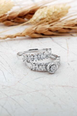 Rodyumlu Gümüş Tektaş Ve Alyans Yüzük Kombini 5979