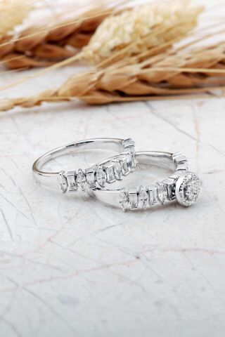 Rodyumlu Gümüş Tektaş Ve Alyans Yüzük Kombini 5979