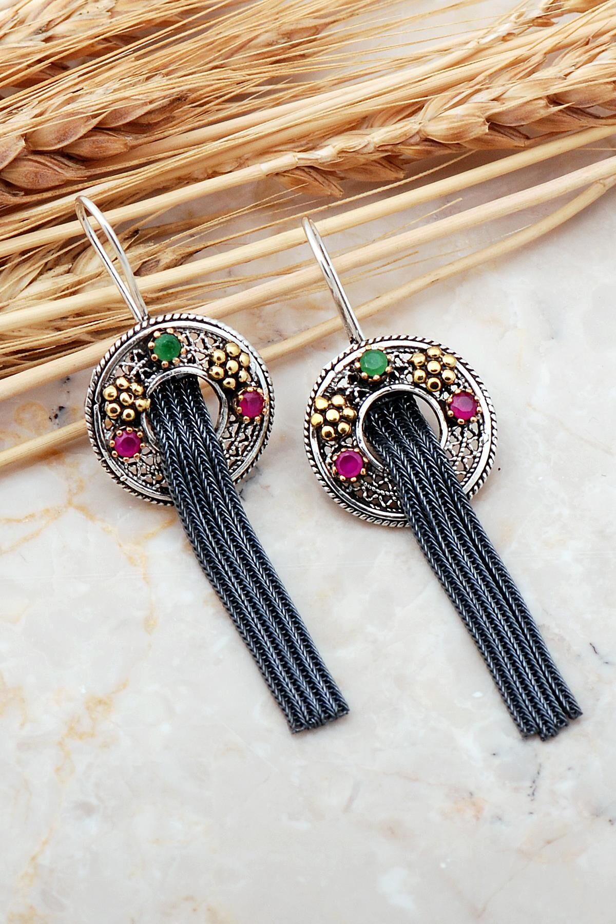 Telkari Elişi Püsküllü Gümüş Küpe 5584