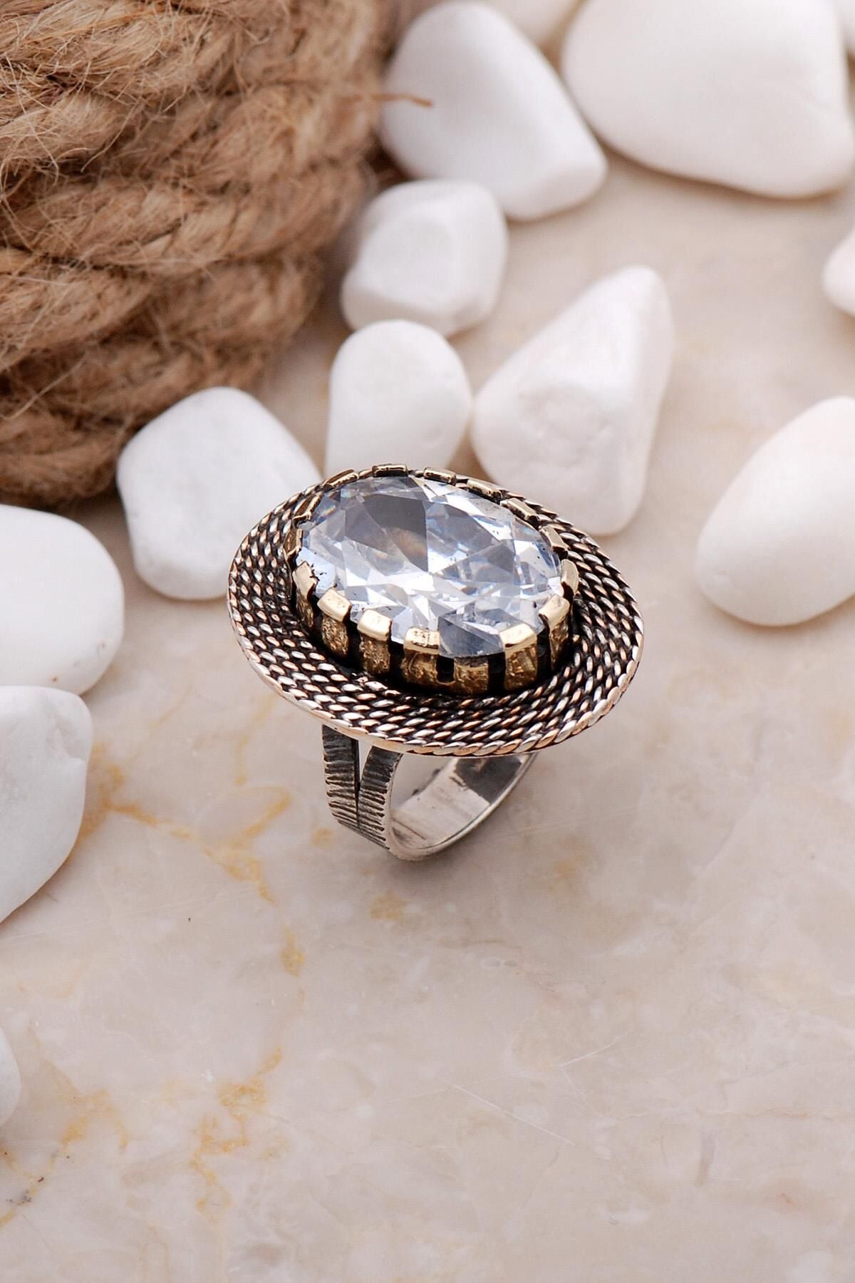 Kuvars Taşlı Tel Sarma Elişi Gümüş Yüzük 45