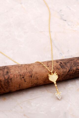 Ok Simgesi Altın Yaldızlı Gümüş Tasarım Kolye 6924