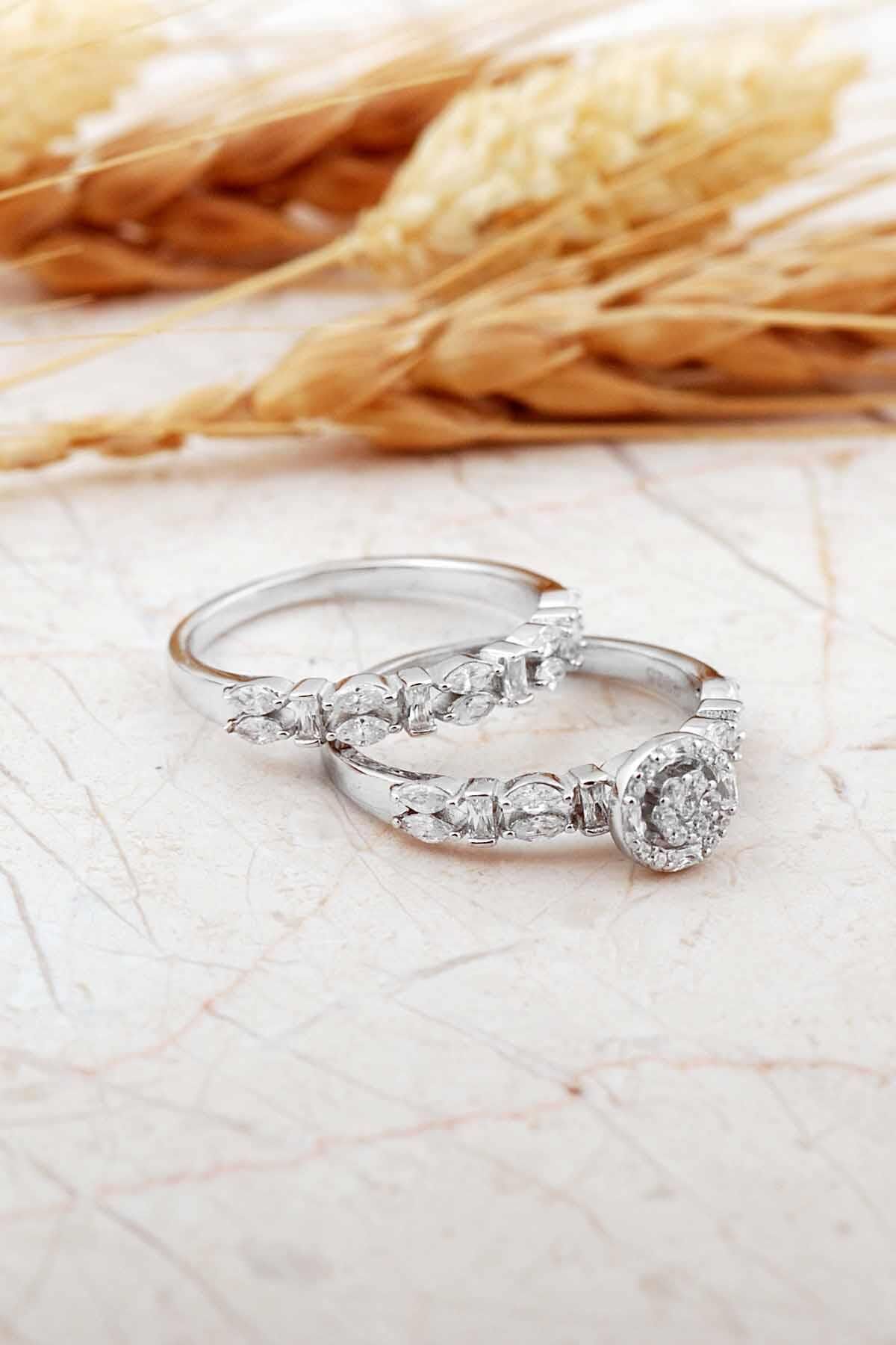 Rodyumlu Gümüş Tektaş Ve Alyans Yüzük Kombini 5980