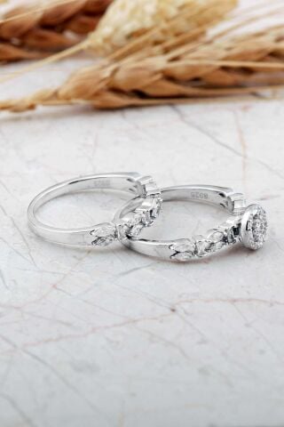 Rodyumlu Gümüş Tektaş Ve Alyans Yüzük Kombini 5980