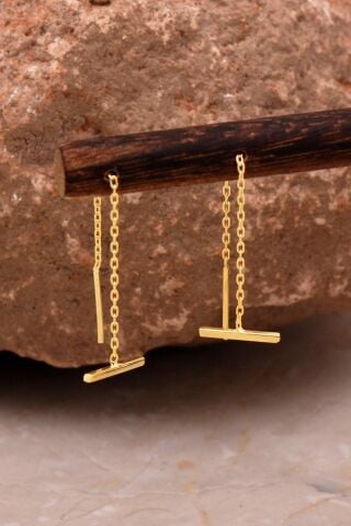 Çubuk Altın Kaplama Gümüş Zincir Küpe 6095