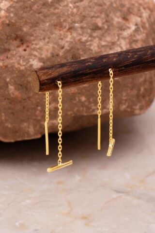 Çubuk Altın Kaplama Gümüş Zincir Küpe 6095