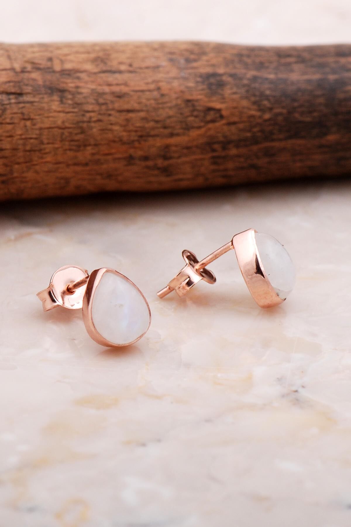 Doğal Ay Taşlı Damla Mini Rose Gümüş Küpe 5819