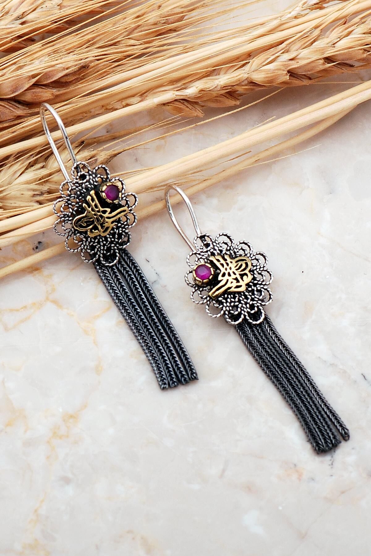 Osmanlı Tuğralı Telkari Elişi Püsküllü Gümüş Küpe 5586