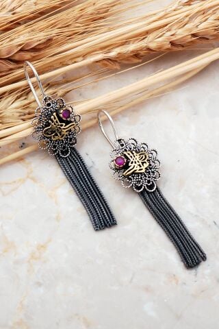 Osmanlı Tuğralı Telkari Elişi Püsküllü Gümüş Küpe 5586