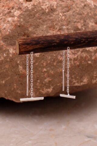 Çubuk Rodyumlu Gümüş Zincir Küpe 6096