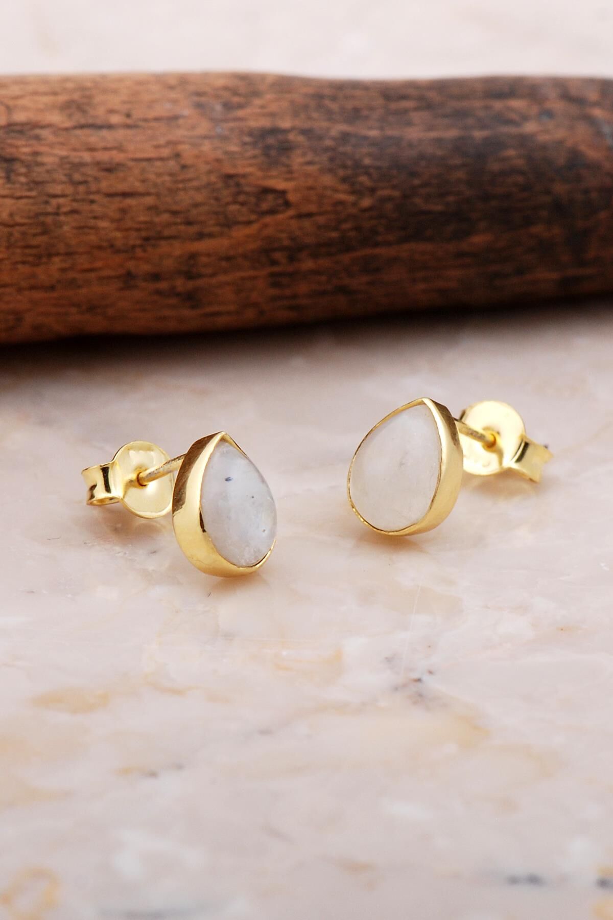 Doğal Ay Taşlı Damla Mini Altın Yaldızlı Gümüş Küpe 5820