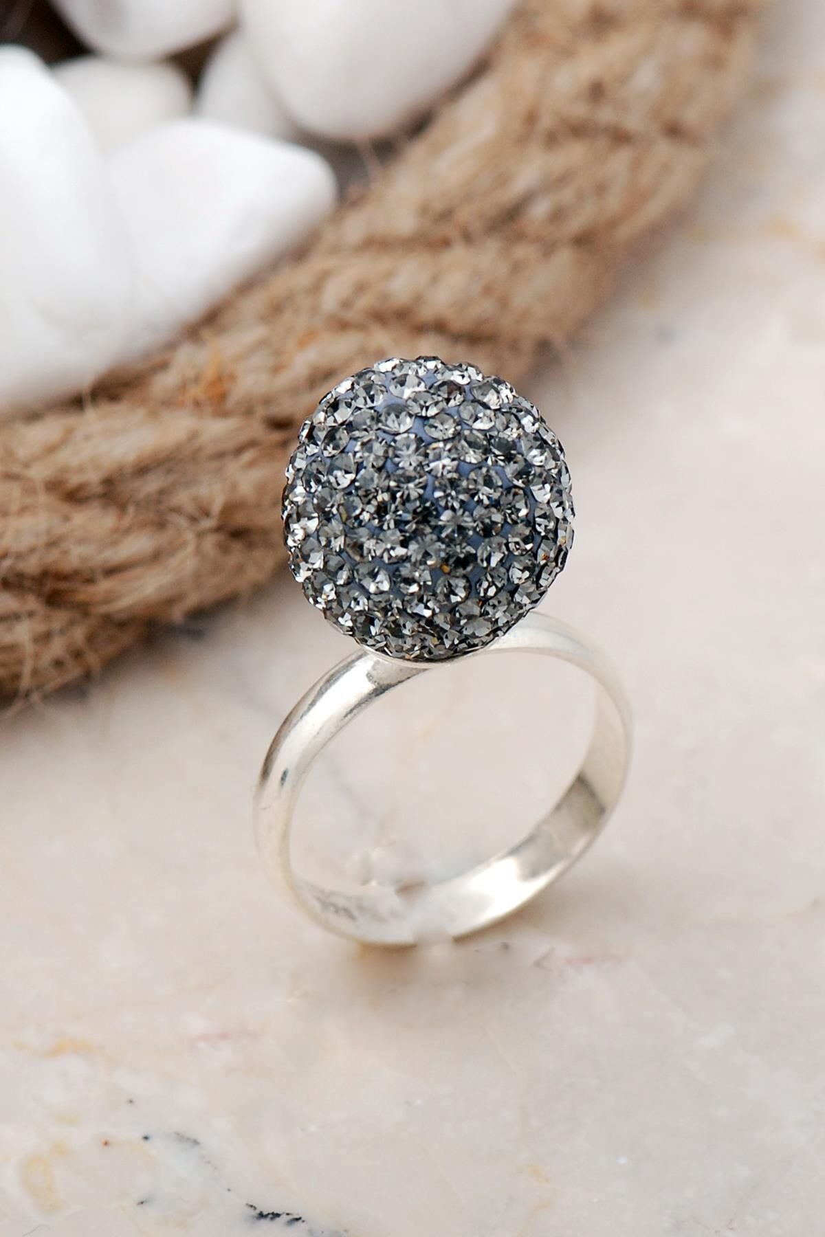 Gri Taşlı Top Gümüş Yüzük 61