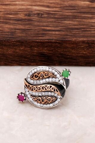Kök Zümrüt ve Kök Yakut Taşlı Üç Parça Gümüş Yüzük 111